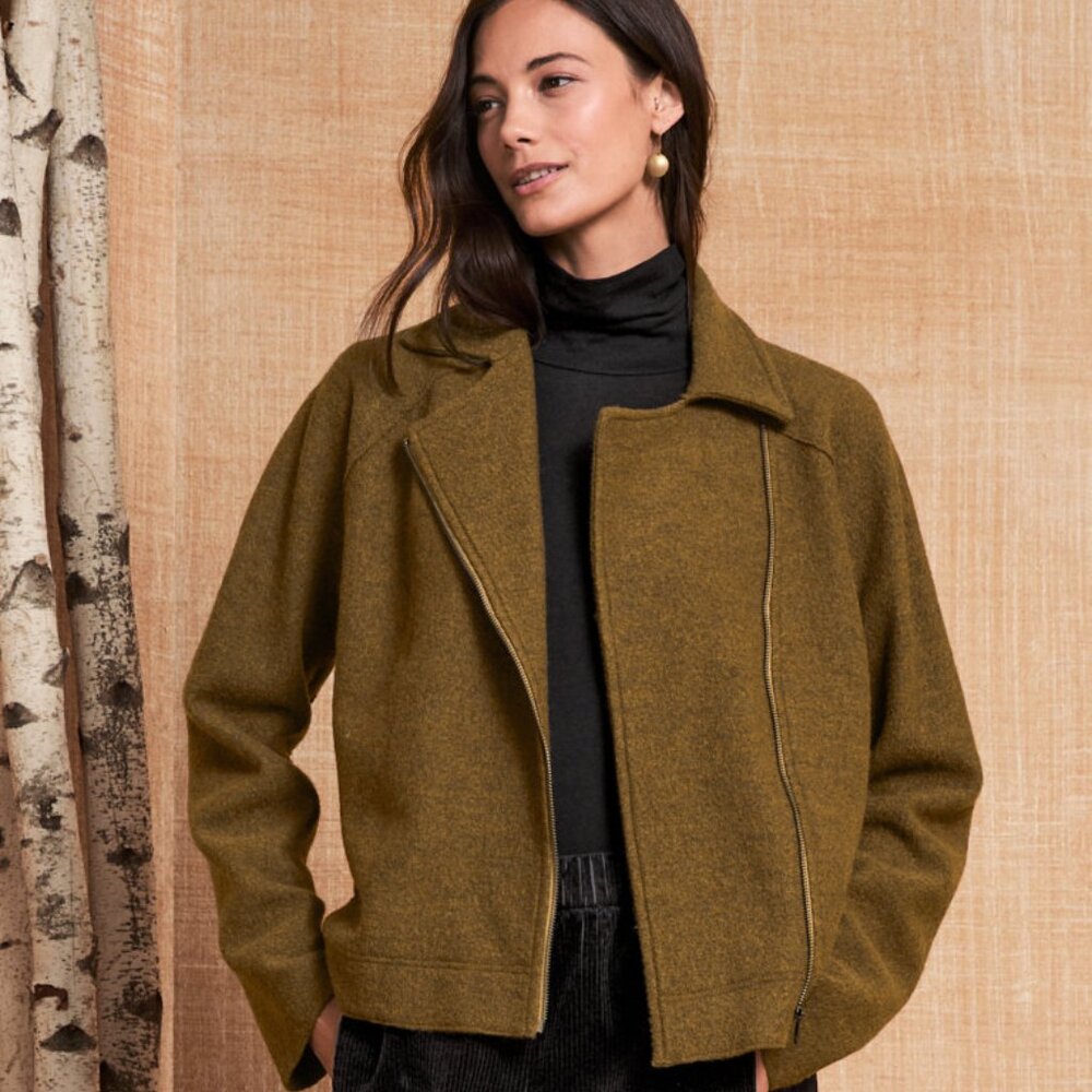 NWT Eileen Fisher GOLD LEAF Lightweight Boiled Wool Motorcycle Jacket